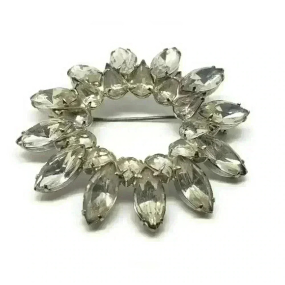 Vintage Brooch Rhinestone Circle Flower Navette & Pear Stones Large - Picture 5 of 8